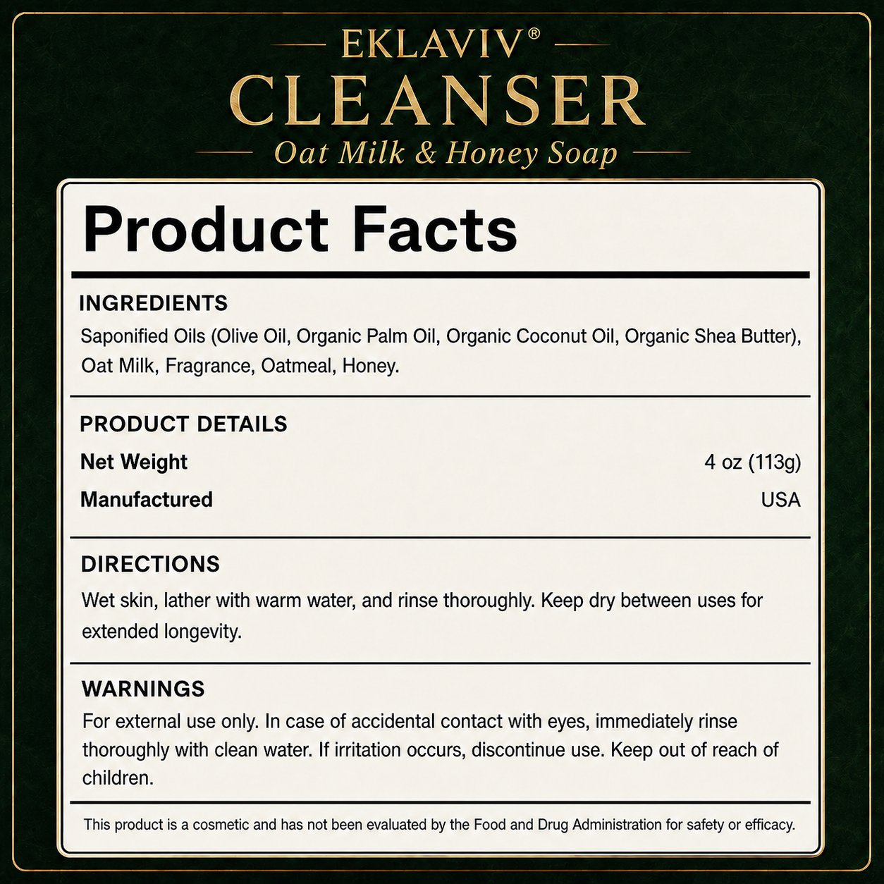 Cleanser Product Facts panel