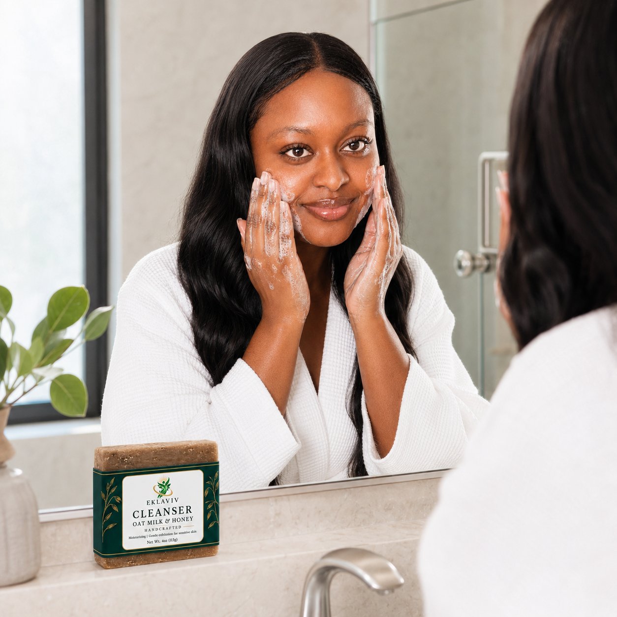 Woman washing her face with EKLAVIV Oat Milk and Honey Cleanser