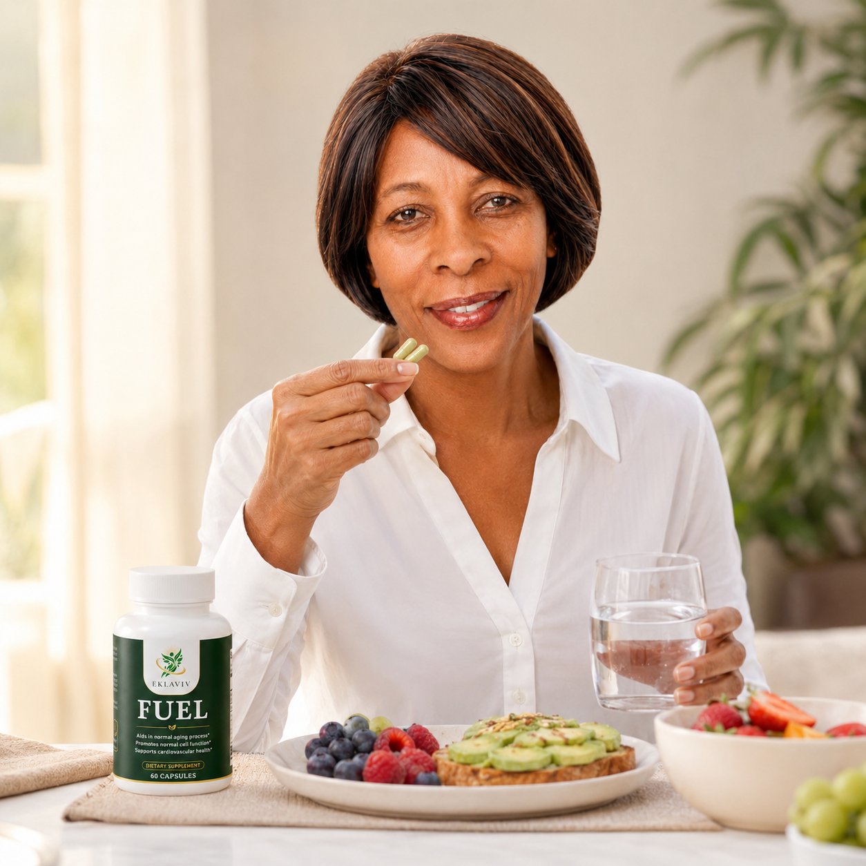Woman taking an EKLAVIV Fuel capsule with breakfast