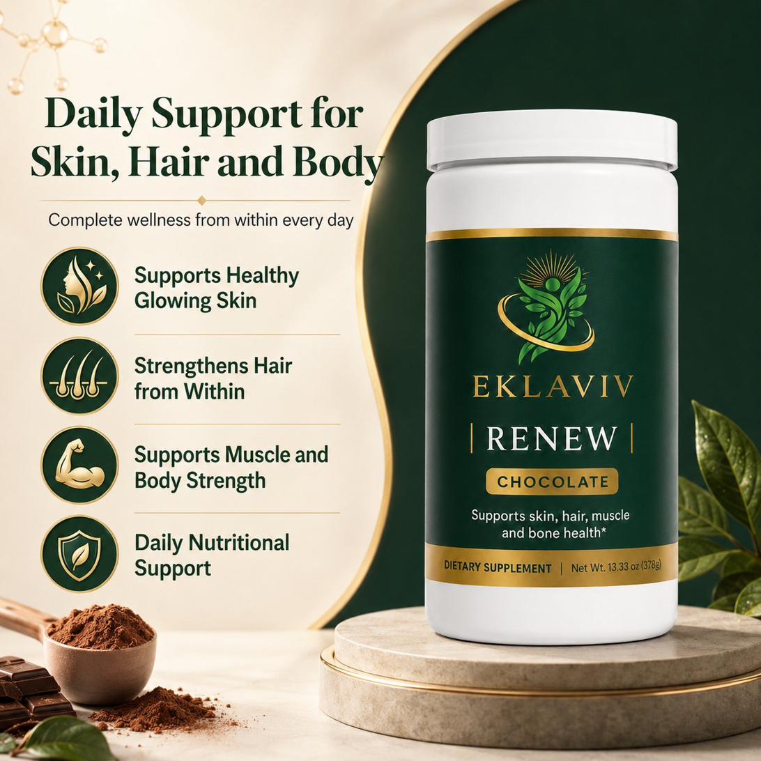 EKLAVIV Renew Chocolate daily support infographic - supports glowing skin, strengthens hair, supports muscle and body strength, daily nutritional support