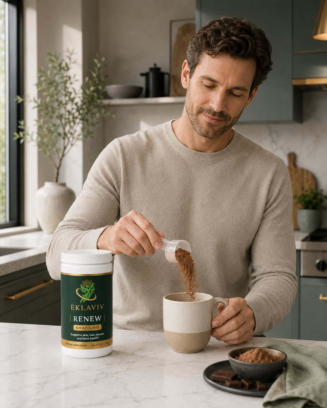 Man pouring EKLAVIV Renew Chocolate collagen into a mug
