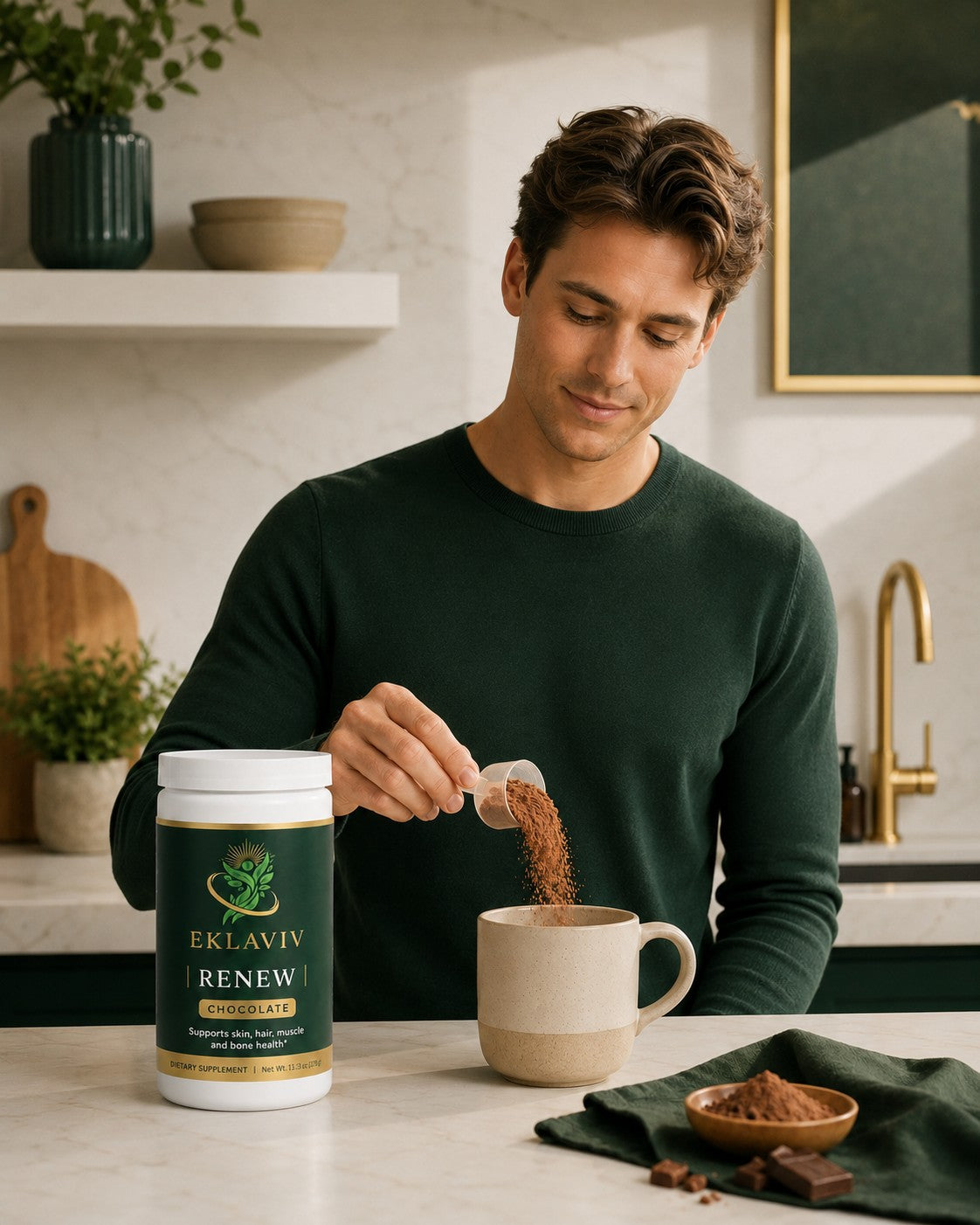Man pouring Renew Chocolate into a mug in his kitchen