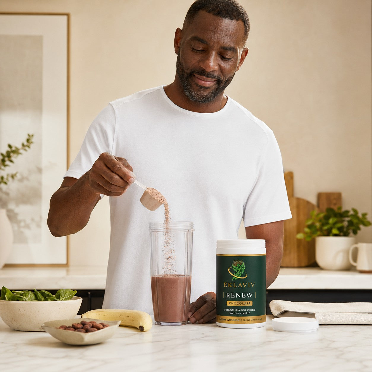 Man pouring Renew Chocolate into a blender with smoothie ingredients
