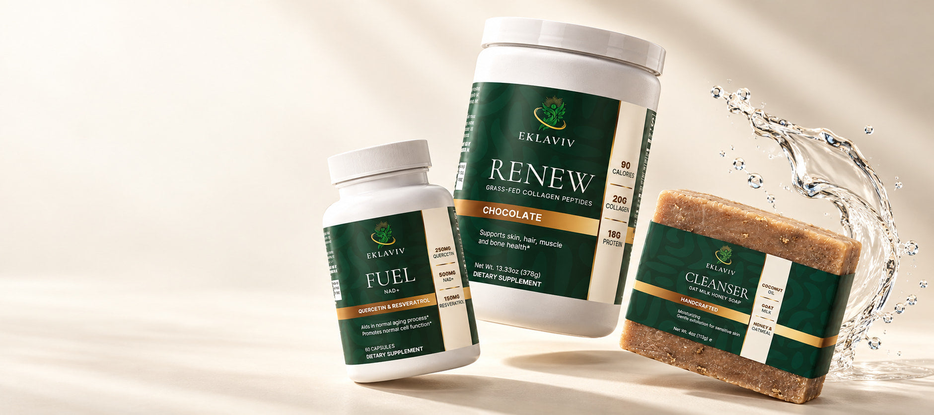 Renew, Fuel and wrapped Cleanser arranged at angles in an ivory studio with a clear water curl behind the Cleanser